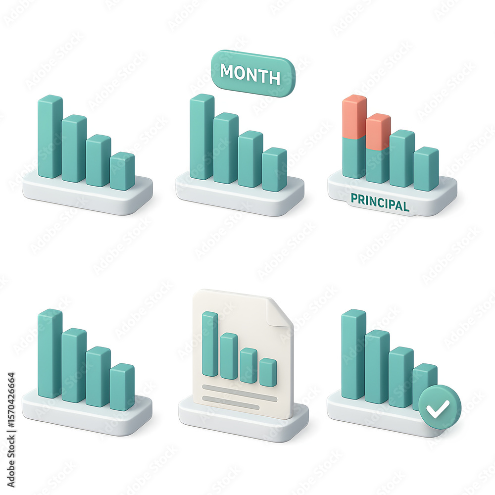 Fototapete 3d isometric ui ux design element set transparent background bar chart icons for web and app develop