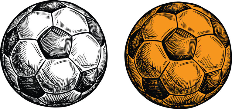 Hand drawn soccer ball illustrations black and orange designs 
