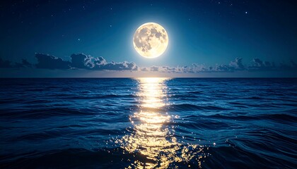 Full moon over a still ocean at night