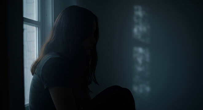 Silhouette of a woman by a window expressing loneliness in the dim light