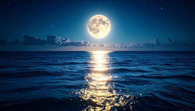 Full moon over a still ocean at night - Powered by Adobe