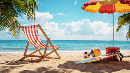 Relaxing beach scene with a striped deck chair colorful umbrella surfboard and balls on sandy shore with turquoise ocean and blue sky