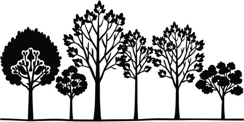 Obraz premium Various Deciduous Trees Silhouettes On The White Vector Silhouette