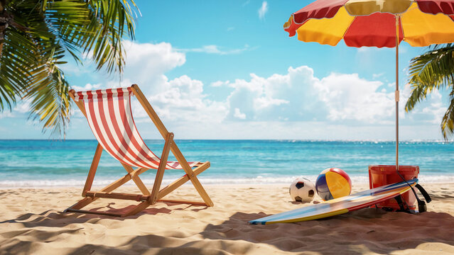 Relaxing beach scene with a striped deck chair colorful umbrella surfboard and balls on sandy shore with turquoise ocean and blue sky - Powered by Adobe