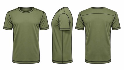 Green short sleeve t shirt with black trim shown from front side and back isolated on white or transparent png