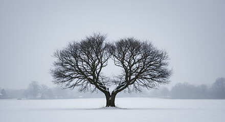 Solitary tree in winter landscape creating a serene and peaceful scene