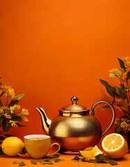 vibrant orange theme luxury tea pot and cup with copy space