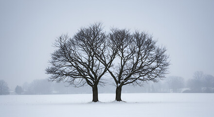 Fototapeta premium Solitary trees in a snow-covered field during winter season offer a serene scene