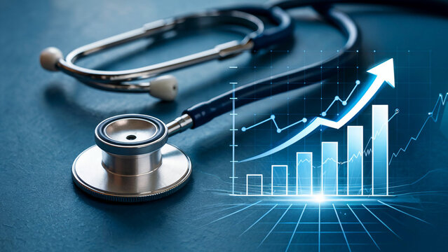 Stethoscope resting on a dark surface with a glowing blue upward trending financial graph and arrow symbolizing healthcare growth and success