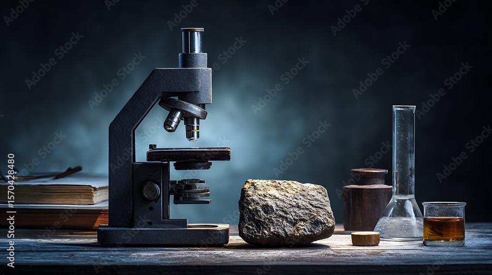 Poster microscope analyzing sample with glassware in laboratory setting