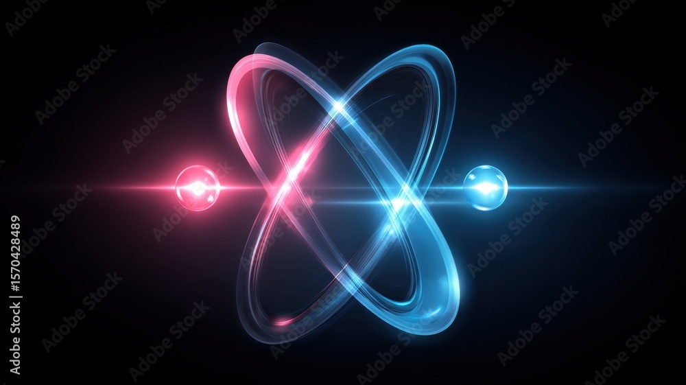 Poster futuristic quantum model. abstract atomic symbol with glowing particles on a dark background.