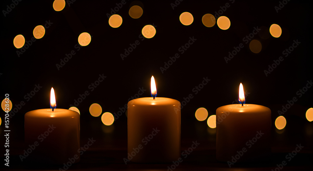 Poster three burning candles with glowing bokeh lights, creating a warm and inviting atmosphere