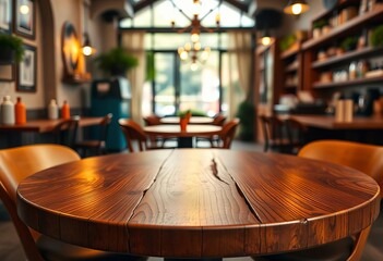 Warm rustic wooden round table, blurred cafe backdrop, ample copy space,   rustic background,  texture