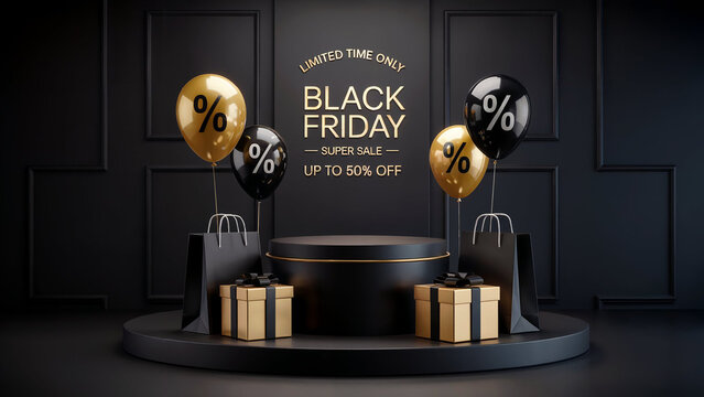 Elegant black friday super sale with gold and black balloons and gift boxes on a pedestal