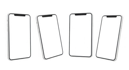 Four smartphones with blank white screens arranged on a transparent background
