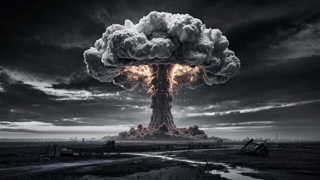Massive mushroom cloud explosion erupts over a desolate war torn landscape with debris and dark ominous clouds overhead