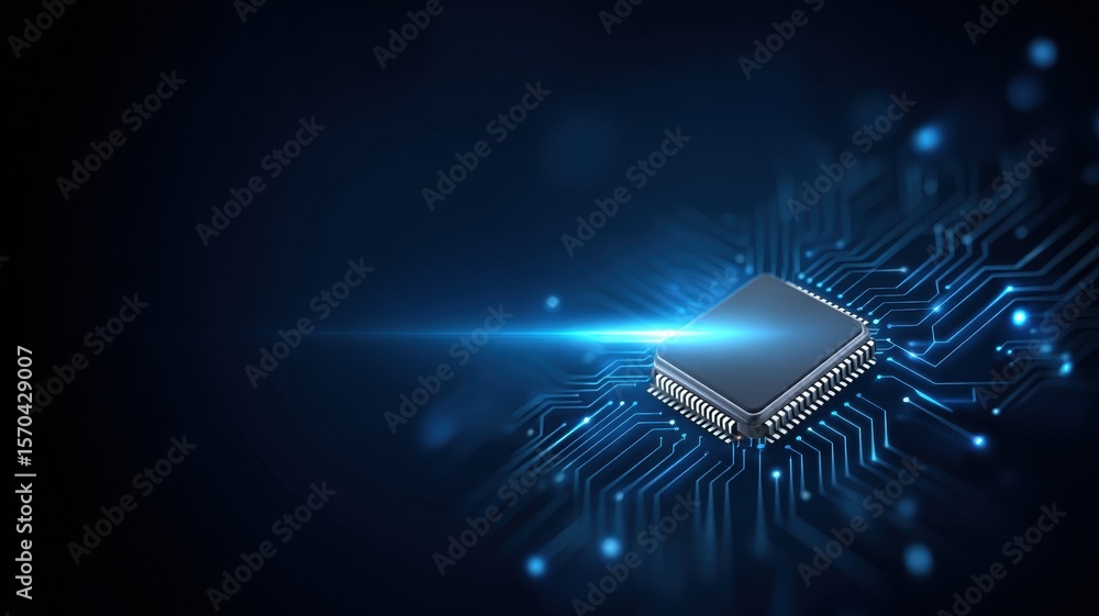 Aufkleber futuristic quantum model. digital microchip on a circuit board with glowing accents.