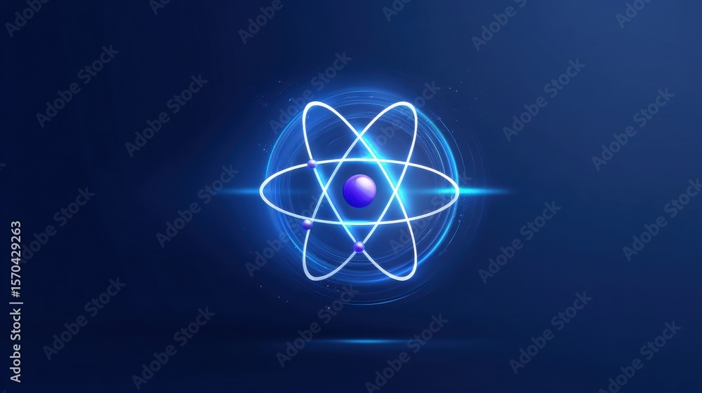 Aufkleber futuristic quantum model. abstract atomic structure with glowing particles on a blue background.