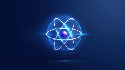 Futuristic quantum model. Abstract atomic structure with glowing particles on a blue background.