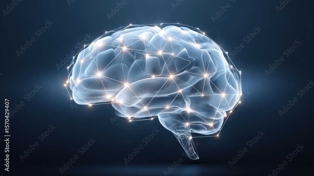 Poster futuristic quantum model. digital brain design with glowing connections and a dark background.
