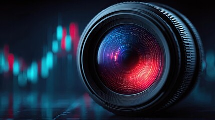 Money growth investment goals and optimization concept. Close-up view of a modern camera lens with colorful reflections.