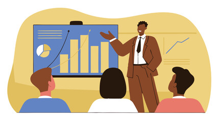 Business presentation featuring a confident man in a suit explaining data trends on a large screen to an engaged audience in a modern office environment