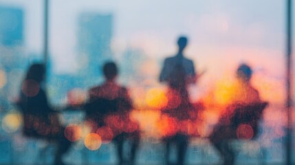 Blurred figures in meeting room with sunset city view