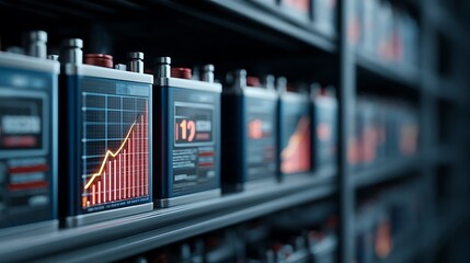 Stacked Batteries Showing Increasing Line Graph on Display