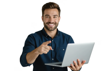 Man pointing with laptop isolated on transparent background