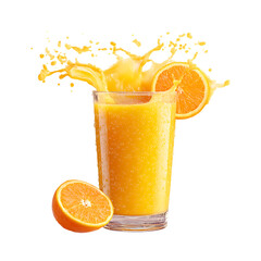 Refreshing orange juice splashing out of a condensation covered glass with orange slices isolated on transparent background
