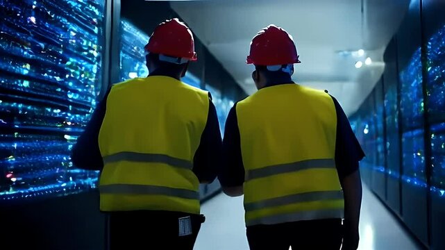 Data Center Technicians Inspecting Servers, IT Infrastructure, Network Security