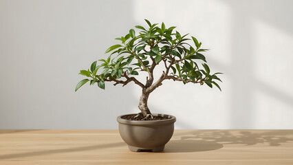 Bonsai tree in a light gray pot on a wooden table. Suitable for nature, gardening, home decor, zen concepts, and small business branding projects.