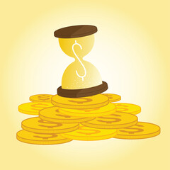 Vector illustration of an hourglass with a dollar sign inside, surrounded by gold coins, symbolizing the concept that time is money, productivity, financial planning, and investment.
