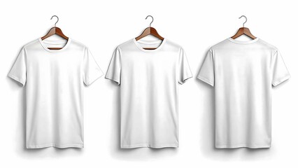 Three blank white t shirts hanging on wooden hangers against a white background