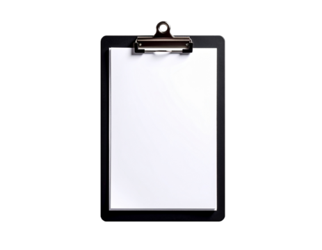 Black clipboard with blank paper isolated on transparent background