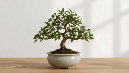 Bonsai tree in a light gray pot on a wooden table. Suitable for nature, gardening, home decor, zen concepts, and small business branding projects.