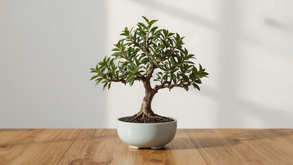 Bonsai tree in a light gray pot on a wooden table. Suitable for nature, gardening, home decor, zen concepts, and small business branding projects.