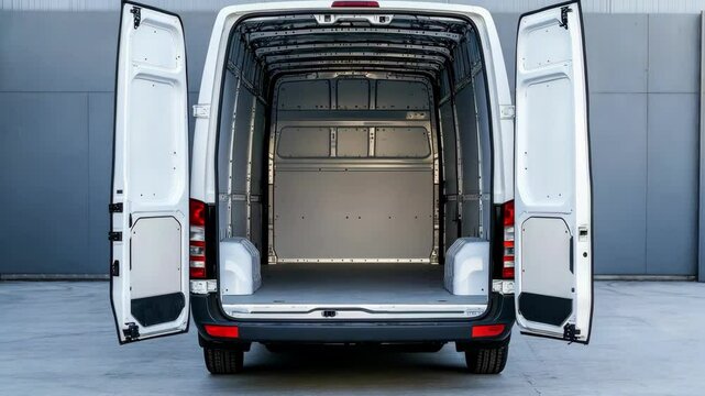 An empty cargo van interior with open doors, ready for transportation.