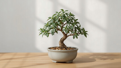 Bonsai tree in a light gray pot on a wooden table. Suitable for nature, gardening, home decor, zen concepts, and small business branding projects.