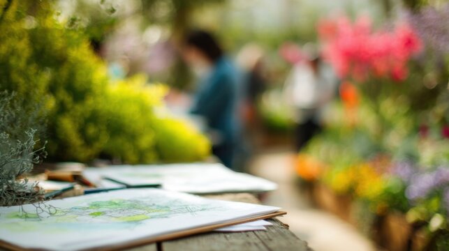 Sketches on Table with Garden Background