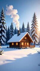 Fototapeta premium Snow Covered Cabin In Alpine Forest With Smoke Chimney Wallpaper