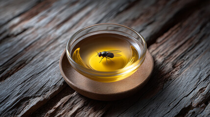Fototapeta premium Fly in a Glass of Yellow Liquid on a Wooden Surface Close Up