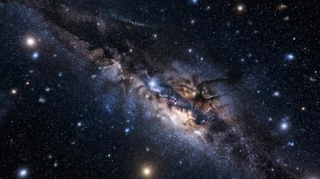 Milky Way galaxy spans the image amidst stars and nebulae with a dark starry background