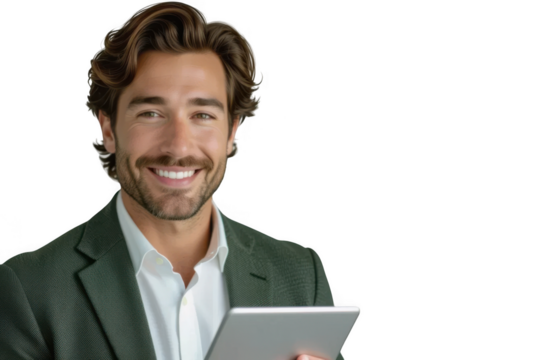 Smiling businessman with tablet isolated on transparent background