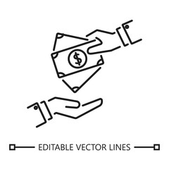 Cash payment line drawing showing one hand passing money to another, ideal for financial concepts, budgeting, transactions, economy, and payments.