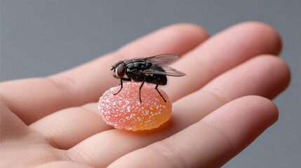 Obraz premium Housefly On Sugar Candy In Palm Of Hand Close Up Macro Insect Animal