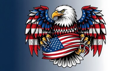 Patriotic American bald eagle clutching a USA flag with wings showcasing stars and stripes design in striking detail.