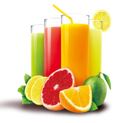 Isolated drinks. Glasses of fresh citrus juices (orange, grapefruit, lemon, lime) and cut fruits...