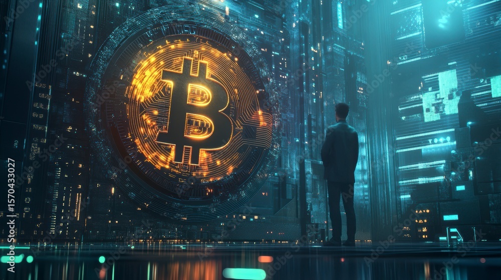 Aufkleber man observing a giant glowing bitcoin symbol in a futuristic data center.