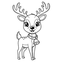 A cheerful cartoon reindeer with large antlers and a friendly smile stands upright, wearing a jingle bell collar and decorated with spots and a fluffy tail in a festive style.
